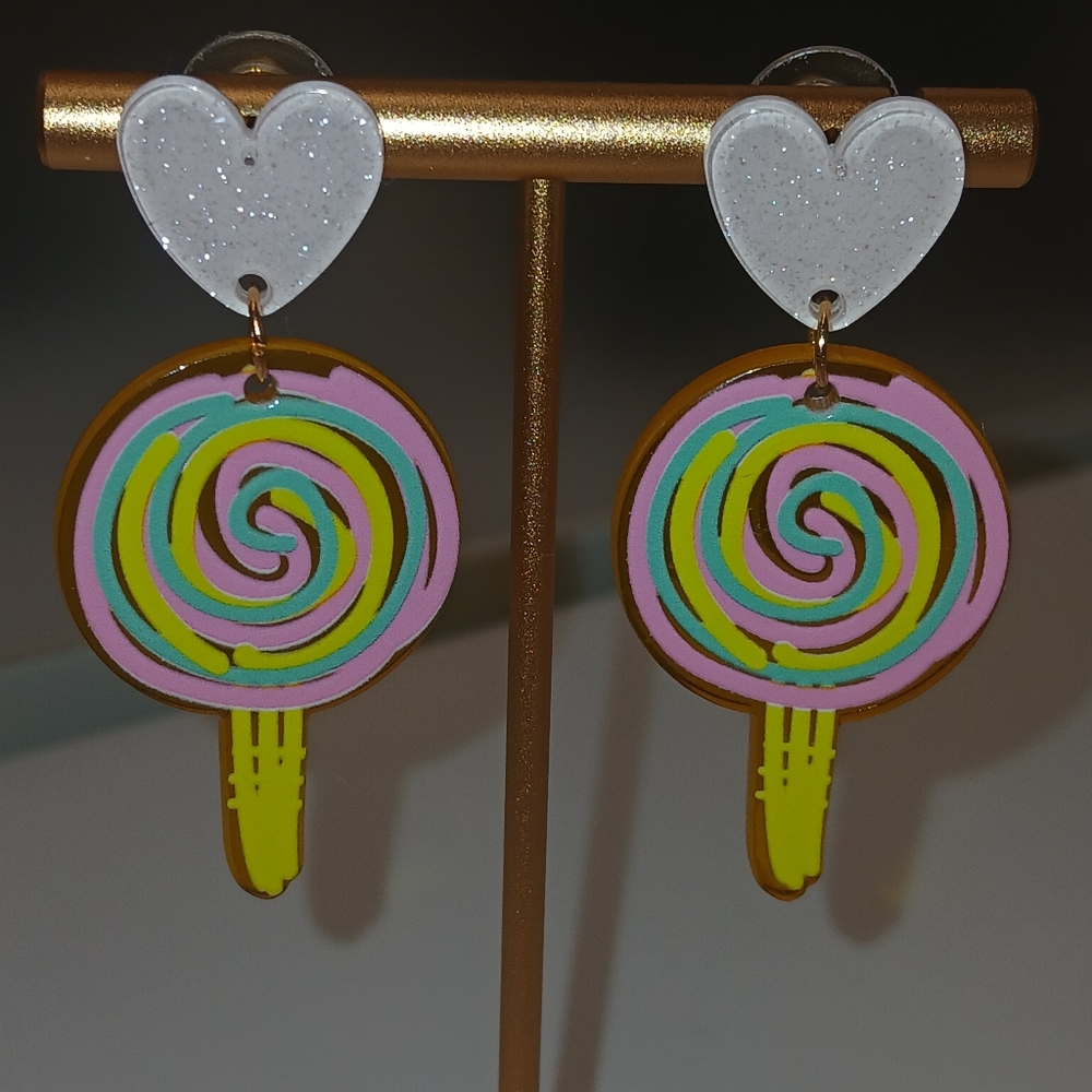 New Lollipop Heart glitter Rainbow acrylic Earrings Lead & Nickel compliant 🍭